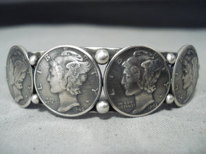 Exceptional Native American Taos Signed 4 Mercury Dimes Sterling Silver Bracelet-Nativo Arts