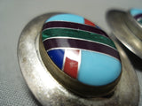 Signed Large Intricate Vintage Native American Navajo Turquoise Sterling Silver Earrings-Nativo Arts