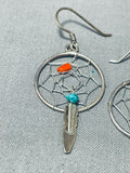 Unique Native American Navajo Turquoise Coral Sterling Silver Dream Catcher Earrings-Nativo Arts