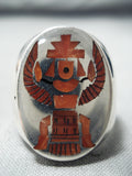 Heavy Intricate Detailed Native American Zuni Coral Sterling Silver Inlay Ring-Nativo Arts