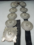 Signed Heavy Vintage Native American Navajo Hand Tooled Sterling Silver Detailed Concho Belt-Nativo Arts