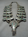 Native American Intricate Vintage Navajo Turquoise Inlay Sterling Silver Squash Blossom Necklace-Nativo Arts