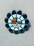 Very Detailed Authentic Vintage Native American Zuni Turquoise Sterling Silver Inlay Ring-Nativo Arts
