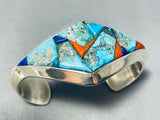 Dazzling Native American Navajo Signed Inlay Turquoise Coral Lapis Sterling Silver Bracelet-Nativo Arts