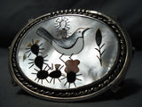 Native American Biggest Crazy Heavy Vintage Navajo Sterling Silver Bird Inlay Bracelet Old-Nativo Arts