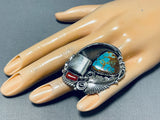 Huge Mens Native American Navajo Turquoisebear Sterling Silver Coral Ring-Nativo Arts