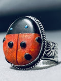 Important Ben Begaye (d.) Native American Navajo Coral Turquoise Ladybug Sterling Silver Ring-Nativo Arts
