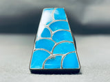 Fascinating Vintage Native American Zuni Signed Inlay Kingman Turquoise Sterling Silver Ring-Nativo Arts
