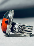 Marvelous Native American Navajo Signed Jet Coral Turquoise Sterling Silver Ladybug Ring-Nativo Arts