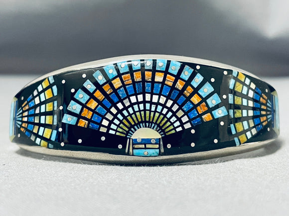Most Intricate Signed Native American Navajo Turquoise Sterling Silver Inlay Bracelet-Nativo Arts