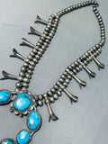 Rare Morenci Turquoise Vintage Native American Navajo Sterling Silver Squash Blossom Necklace-Nativo Arts