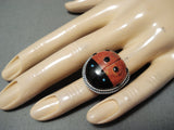 Important Ladybug (d.) Native American Navajo Coral Turquoise Sterling Silver Ring-Nativo Arts
