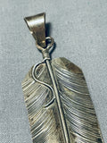 Rare Longer Vintage Native American Navajo Intricate Sterling Silver Feather Turquoise Pendant-Nativo Arts