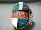 Huge Men's Native American Navajo Turquoise Coral Jet Inlay Sterling Silver Ring-Nativo Arts