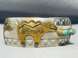 Native American Signed Turquoise Bear Sterling Silver Brass Bear Bracelet-Nativo Arts