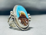 Important Native American Navajo Signed Inlay Turquoise Shell Scene Sterling Silver Ring-Nativo Arts
