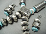 Massive Tubule Hand Tooled Native American Navajo Turquoise Sterling Silver Necklace Earrings-Nativo Arts