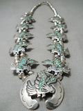 Amazing Vintage Native American Navajo Green Turquoise Sterling Silver Squash Blossom Necklace-Nativo Arts