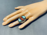 Native American Heavy Mens 34 Grams Turquoise Coral Sterling Silver Ring Old-Nativo Arts