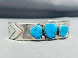 Superb Vintage Native American Navajo Signed 3 Kingman Turquoise Sterling Silver Bracelet-Nativo Arts