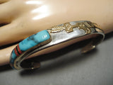 Symbolic Vintage Native American Navajo Gold Yei Blue Warrior Turquoise Sterling Silver Bracelet-Nativo Arts