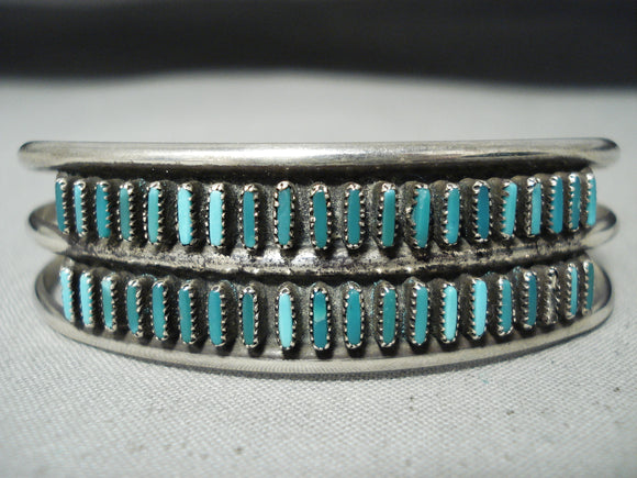 Intricate Needle Turquoise Vintage Native American Zuni Turquoise Sterling Silver Bracelet-Nativo Arts