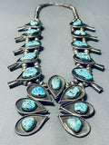 229 Gram Vintage Native American Navajo Turquoise Sterling Silver Squash Blossom Necklace-Nativo Arts