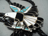 Native American Museum Flying Eagle Vintage Zuni Turquoise Inlay Sterling Silver Bolo Tie-Nativo Arts