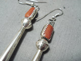 Long Cute Native American Navajo Coral Sterling Silver Fluted Earrings-Nativo Arts