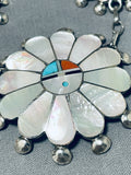 Striking Vintage Native American Zuni Mother Of Pearl Sterling Silver Sunface Necklace-Nativo Arts