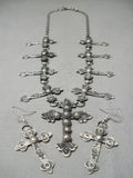 Rare Hand Tooled Cross Native American Navajo Sterling Silver Repoussed Necklace Earrings Set-Nativo Arts