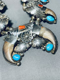 Authentic Vintage Native American Navajo Bear Turquoise Sterling Silver Squash Blossom Necklace-Nativo Arts