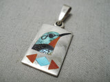 Incredible Detailed Native American Zuni Turquoise Coral Sterling Silver Bird Pendant-Nativo Arts