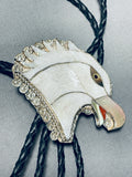 Eagle Head Native American Zuni Sterling Silver Coral Bolo Tie-Nativo Arts