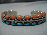 Native American Incredible Vintage Duel Sided Turquoise Coral Sterling Silver Bracelet Old-Nativo Arts