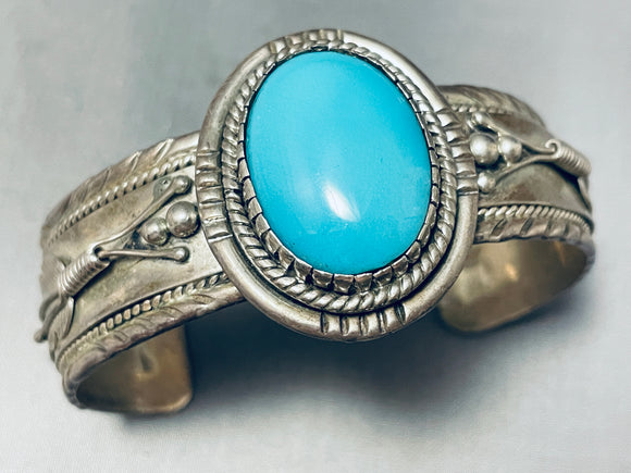 Important Unique Vintage Native American Navajo Feather Turquoise Sterling Silver Bracelet-Nativo Arts