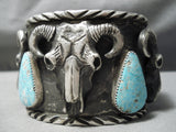 Colossal Cow Head Native American Navajo Blue Turquoise Sterling Silver Bracelet Cuff-Nativo Arts