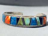 Signed Vintage Native American Navajo Intricate Turquoise Sterling Silver Inlay Bracelet-Nativo Arts