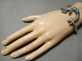 Symbolic Vintage Native American Navajo Turquoise Sterling Silver Yei Bracelet Old-Nativo Arts