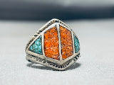 Intricate Authentic Vintage Native American Navajo Coral Turquoise Inlay Sterling Silver Ring-Nativo Arts