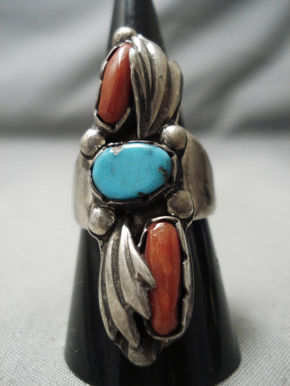 Towering Vintage Native American Navajo Chunk Coral Turquoise Sterling Silver Ring Old-Nativo Arts