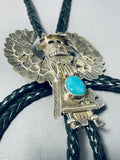 Huge Detailed Vintage Native American Navajo Kachina Turquoise Sterling Silver Bolo Tie-Nativo Arts