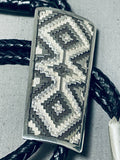 Extremely Intricate Native American Navajo Hand Carved Sterling Silver Geomtric Bolo Tie-Nativo Arts