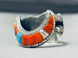One Of The Most Unique Ever Native American Navajo Turquoise Coral Inlay Sterling Silver Ring-Nativo Arts