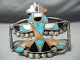 Eartly 1900's Vintage Native American Zuni Turquoise Kachina Sterling Silver Inlay Bracelet Old-Nativo Arts