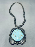 Rare Longer Vintage Native American Navajo #8 Turquoise Sterling Silver Leaf Necklace-Nativo Arts