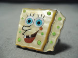 Huge Spongebob Squarepants Native American Zuni Turquoise Sterling Silver Coral Ring-Nativo Arts