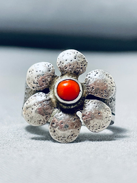 Signed Native American Navajo Coral Sterling Silver Flower Ring-Nativo Arts