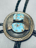 Impressive Vintage Native American Navajo Signed 2 Kingman Turquoise Sterling Silver Large Bolo-Nativo Arts