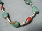 Native American Incredible Santo Domingo Royston Turquoise Coral Sterling Silver Necklace-Nativo Arts